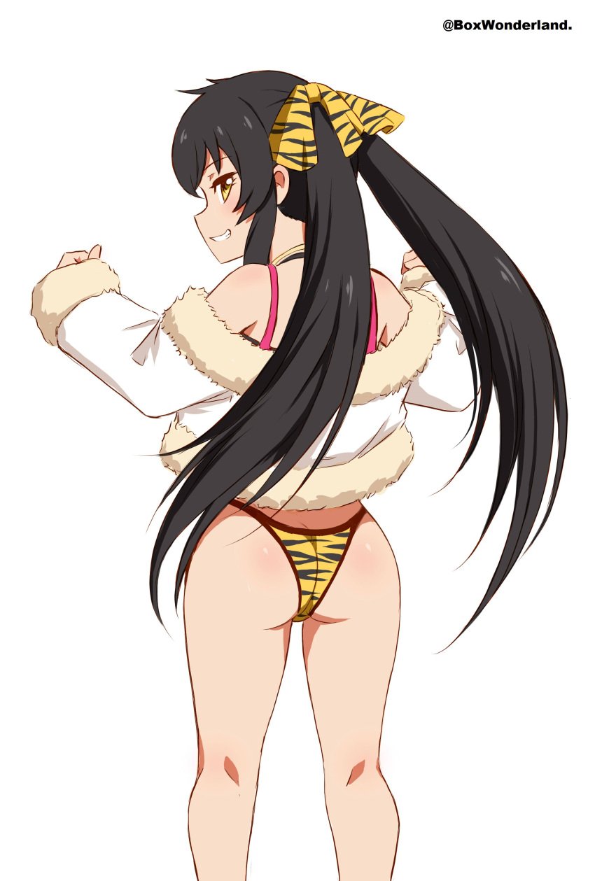 ass ass_cleavage ass_focus back_turned back_view bikini black_hair box_wonderland butt_crack cute idolmaster idolmaster_cinderella_girls jacket looking_back matoba_risa smile smiling_at_viewer solo solo_female the_idolm@ster_cinderella_girls thick_ass thighs twintails white_background yellow_eyes young