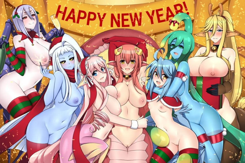 7girls arachne centaur centorea_shianus christmas completely_nude dullahan harpy lala_(monster_musume) lamia lindaroze mermaid meroune_lorelei miia_(monster_musume) monster_musume_no_iru_nichijou multiple_girls new_year nipples papi_(monster_musume) pussy rachnera_arachnera slime suu_(monster_musume)