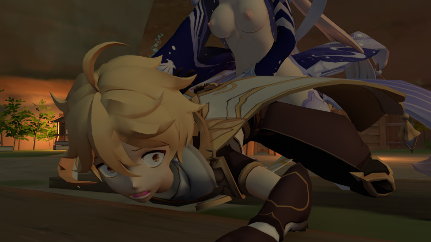 3d aether_(genshin_impact) amber_eyes anal anal_sex blonde_hair breasts dominant_female dominant_futa dominant_futanari female futa_on_male futanari genshin_impact holding implied_anal implied_futa implied_futanari implied_sex intersex large_penis long_hair long_sleeves lukewarmph male nail_polish nails navel night nipples open_clothes open_shirt outdoors outside penis ponytail rape rope sangonomiya_kokomi scarf sex small_breasts surprised watching white_hair yellow_eyes