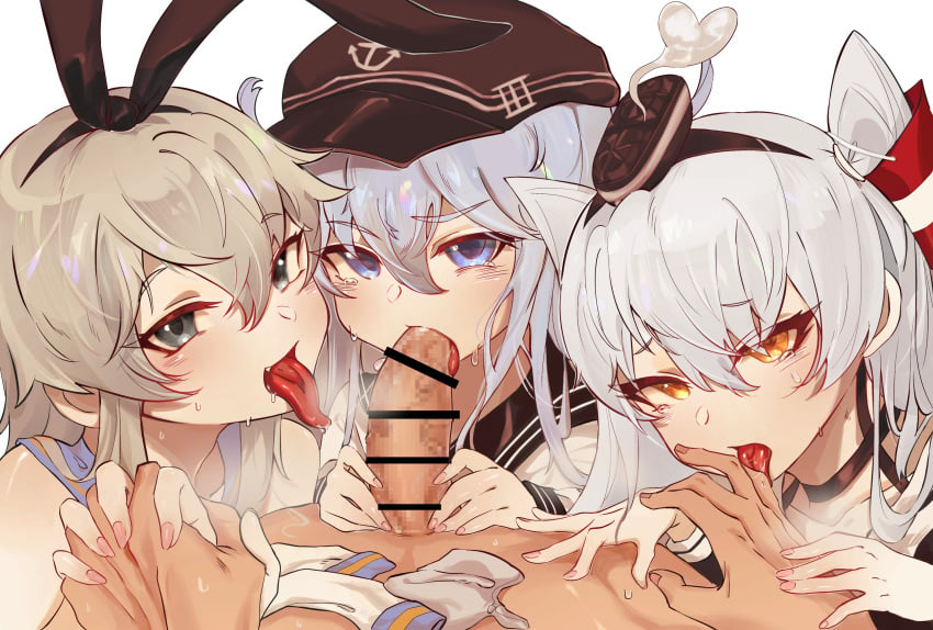 1boy 3girls admiral_(kantai_collection) amatsukaze_(kantai_collection) animal_ears aqua_eyes black_serafuku blonde_hair blue_eyes blue_hair censor_bar censored clothed_female_nude_male commission elbow_gloves fellatio femdom gloves grey_hair group_sex handjob handshake hat heart hibiki_(kantai_collection) highres kantai_collection kurohibi licking licking_finger light_blue_hair long_hair military_hat multiple_girls nude oral orange_eyes peaked_cap rabbit_ears school_uniform serafuku shimakaze_(kantai_collection) symbol-shaped_pupils third-party_source tongue tongue_out twintails white_gloves white_serafuku young