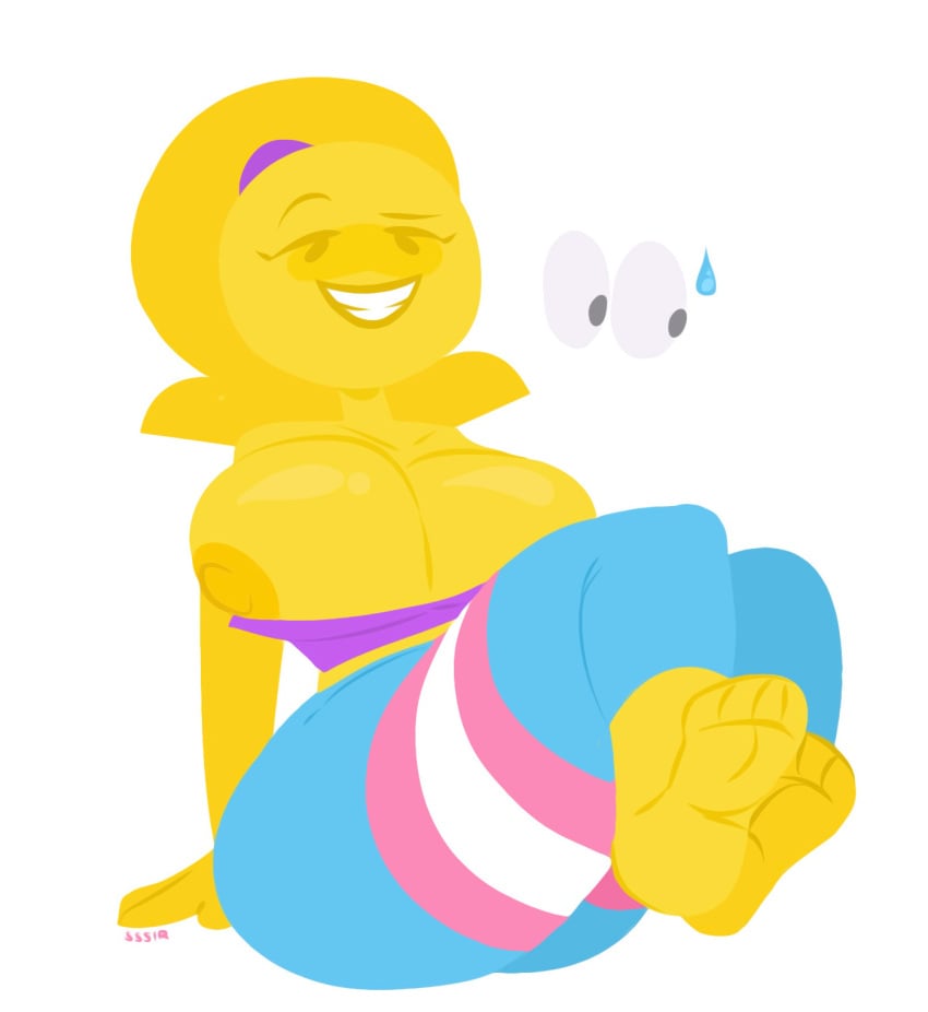 emoji_(race) emoji_gurl emojifam_(sssir8) feet huge_ass huge_breasts lgbt_pride looking_down mob_face nipples no_outlines pants pride_color_legwear pride_colors shirt_down slobbyslapper smiling sssir sssir8 tagme transgender_pride_colors white_background wide_hips yellow_body yellow_hair