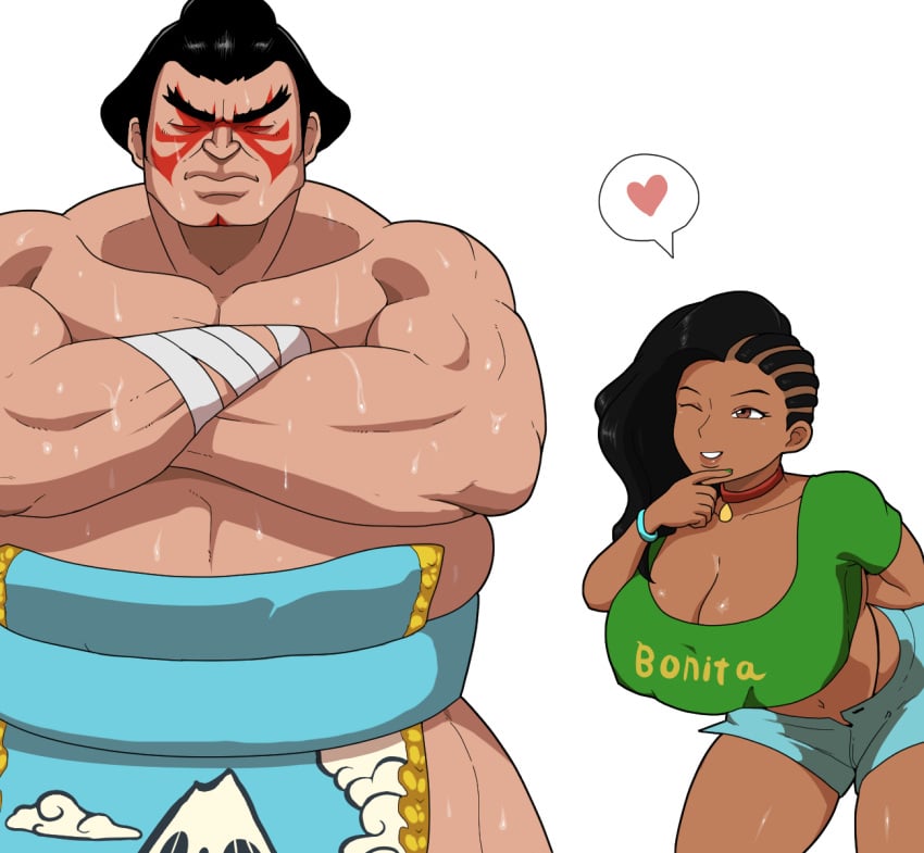 1boy 1girls asian big_breasts black_hair brazilian brazilian_female capcom cleavage edmond_honda eyebrows female large_breasts latina laura_matsuda light-skinned_male male pulpawoelbo street_fighter street_fighter_v sumo sumo_wrestler tan_skin