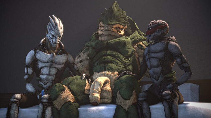 2020s 2021 3d_(artwork) 4_balls alien balls bed bioware bisexual blue_eyes blue_penis bodypaint cheap-wazoo erection face_paint female flaccid furniture gay genitals green_body green_eyes grey_body group hand_around_waist hi_res humanoid krogan looking_at_another looking_at_genitalia looking_at_partner looking_at_penis male male/female male/male mass_effect masturbation multi_balls multi_genitalia multiple_partners on_bed penis penis_size_difference red_eyes scalie sitting sitting_on_bed size_difference smile trio turian vein veiny_penis