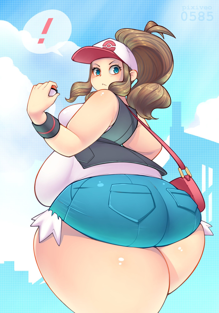 1girls 2022 2d 2d_(artwork) 2d_artwork ass ass_focus baseball_cap belly big_ass big_belly big_breasts big_butt blue_background blue_eyes blue_shorts breasts brown_hair chubby chubby_female digital_art digital_drawing_(artwork) digital_media digital_media_(artwork) exclamation_point game_freak hilda_(pokemon) holding_pokeball huge_ass huge_thighs jean_shorts light-skinned_female looking_back nintendo pixiveo pokeball pokemon pokemon_bw ponytail safe_for_work sfw shorts sideboob sky_background speech_bubble spoken_exclamation_point thick_ass thick_thighs tummy white_shirt