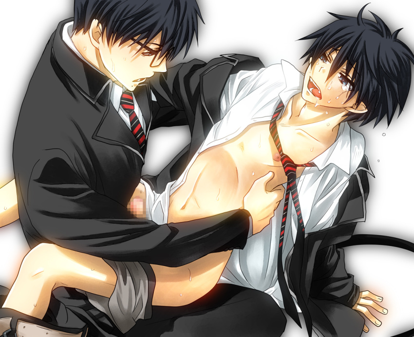 anal ao_no_exorcist brother brothers censored clothed_male_nude_male cmnm cry glasses in_lap incest male male_only necktie okumura_rin okumura_yukio open_clothes open_shirt penis pointy_ears school school_uniform schoolboy shirt siblings sitting tear undressing uniform yaoi