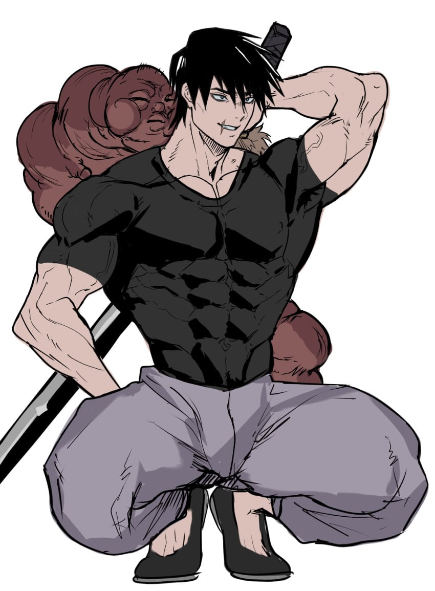 abs genzonillablack grin inventory_curse jujutsu_kaisen muscular muscular_male scar_on_face squatting toji_fushiguro worm