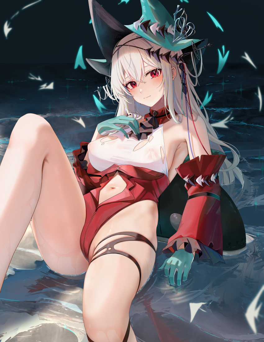 1girls arknights bare_shoulders belly big_breasts blush breasts embarrassed female female_only gloves hand_on_own_chest hat head_tilt highres hips legs light-skinned_female long_hair looking_at_viewer lying lying_in_water navel navel_cutout nipples nipples_visible_through_clothing red_eyes ru_zhai skadi_(arknights) skadi_the_corrupting_heart_(arknights) solo stomach thigh_strap thighs torn_clothes uniform waist water wet_skin white_hair