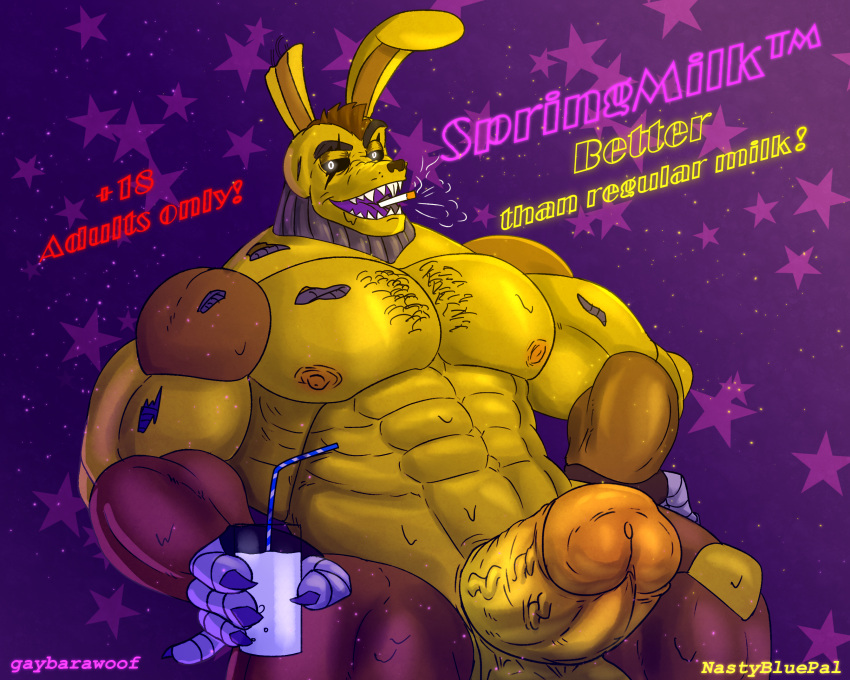 animatronic anthro big_penis english_text five_nights_at_freddy's five_nights_at_freddy's_3 gaybarawoof(artist) genitals hair hairy hi_res human lagomorph leporid machine male male_only mammal nastybluepal nipples penis rabbit robot scottgames solo springtrap springtrap_(fnaf) text