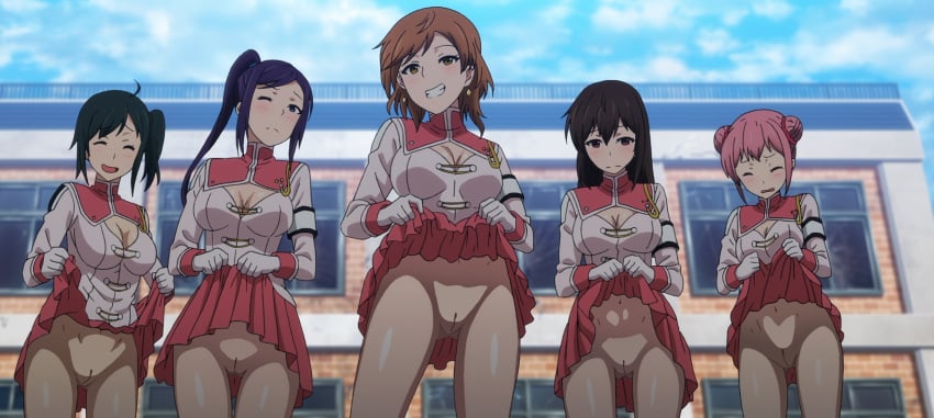 5girls ass_visible_through_thighs black_hair blue_hair blush blushing_at_viewer bottomless bottomless_female brown_hair edit edited_screencap embarrassed exhibition exhibitionism exhibitionist exposed_pussy exposing_pussy females_only ichinose_saki in_school innie_pussy light_brown_hair multiple_girls narimiya_kyouka nude_edit nude_filter pink_hair pink_skirt plunderer presenting_pussy pussy self_exposure showing_pussy skirt_lift skirt_up smiling_at_viewer sumitani_asumi third-party_edit uniform