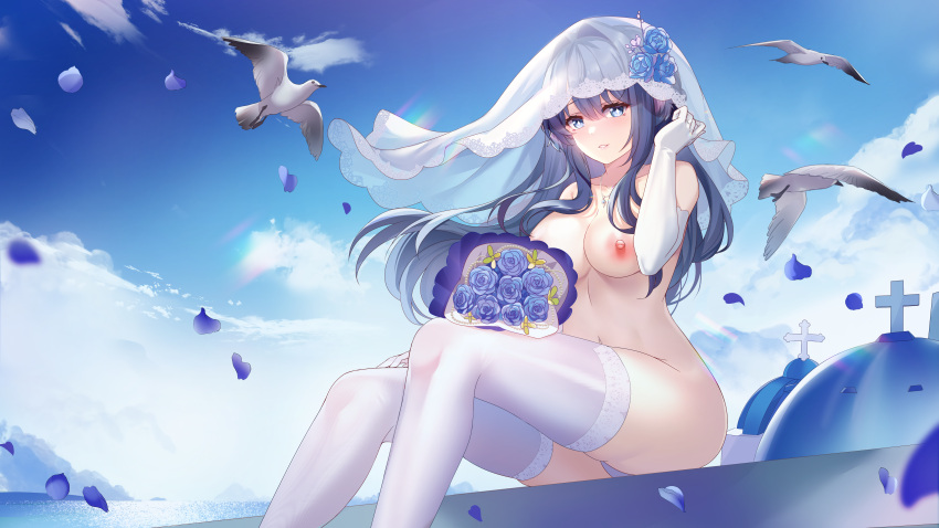 1girls arknights astesia_(arknights) bare_shoulders big_breasts birds blue_eyes blue_hair bouquet breasts breasts_out bride calves chest cleavage elbow_gloves exposed_breasts eyelashes female female_only flower_in_hair functionally_nude gloves hand_in_hair happy highres knees legs legwear light-skinned_female lingshalan long_hair looking_at_viewer navel nipples no_bra outdoors outside panties panty_peek pantyshot partially_clothed petals ring sitting sky smile solo star-shaped_pupils stockings thick_thighs thighs veil wedding_ring white_gloves white_legwear white_panties white_stockings