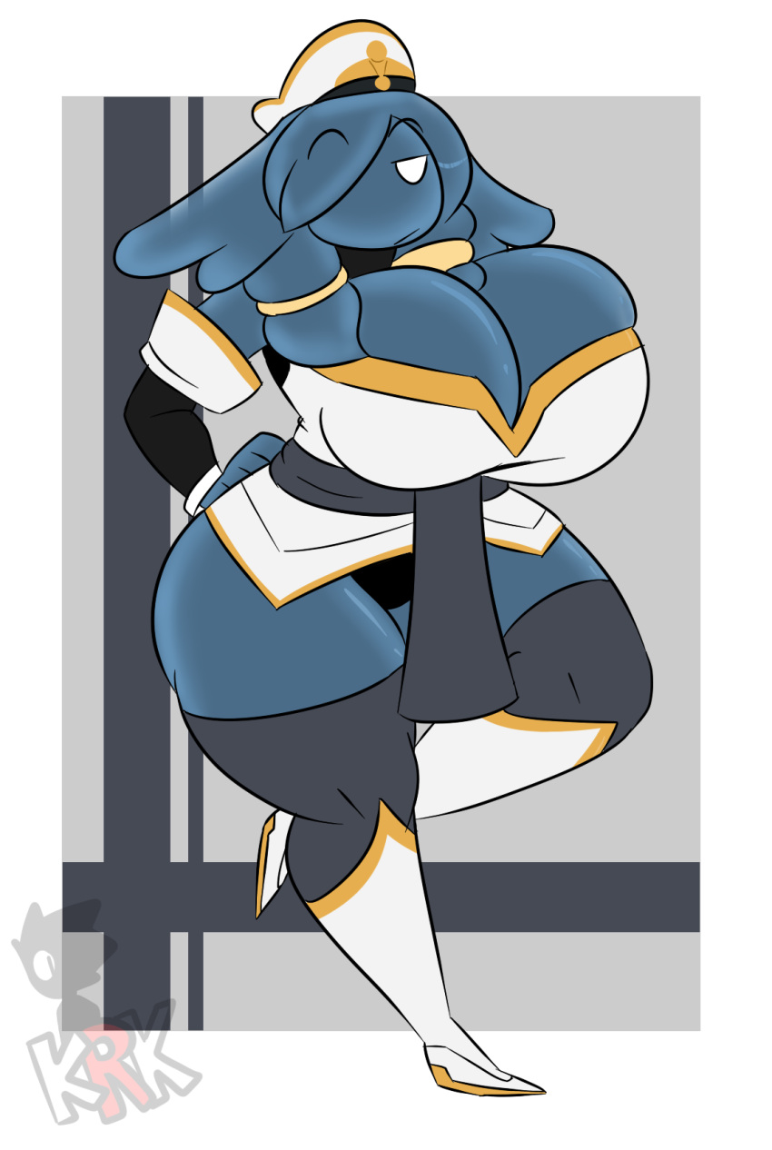 1girls :| breasts dongwongtang female huge_breasts kingretrokirby manific_(dongwongtang) no_pupils slime slime_girl thick_thighs white_background white_boots white_hat