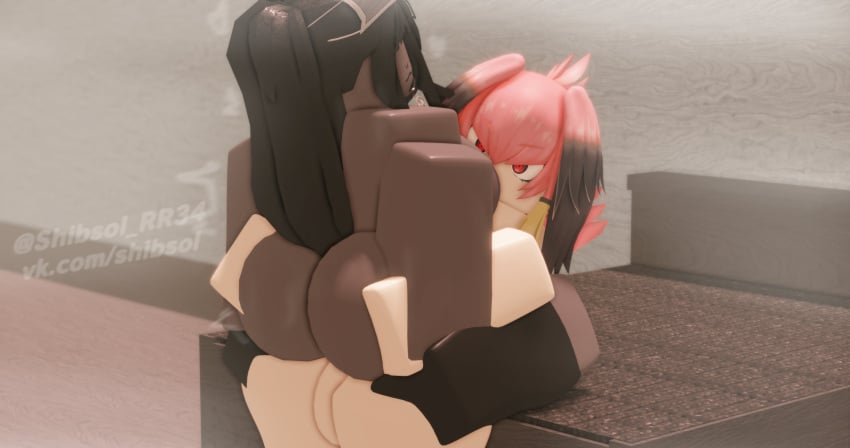 2021 3d alien_girl big_balls big_breasts big_penis black_hair black_thighhighs breast_sucking bubble_butt dark-skinned_female enjoying fat_ass female futa_on_female futanari heart highres huge_ass light-skinned_futanari long_hair mask on_lap roblox roblox_avatar robloxian shibsol_rr34 straddling thighhighs twintails two_tone_hair