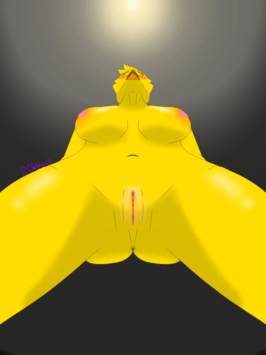 arms_behind_back big_breasts blush blushed chicken feathers five_nights_at_freddy's five_nights_at_freddy's_2 furry_female nipples polgamer99 pov pov_ass pussy sitting_on_face solo standing toy_chica toy_chica_(fnaf) yellow_body