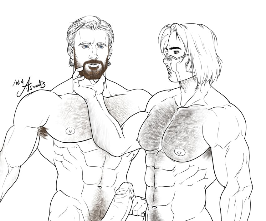 asmodis_(artist) bara barazoku beard bionic_arm bucky_barnes captain_america chris_evans couple gay hairy_chest hairy_male intimate large_pecs large_pectorals large_penis line_art long_hair marvel marvel_cinematic_universe metal_arm muscular muscular_male nude nudity prosthetic prosthetic_arm prosthetic_limb romantic sebastian_stan steve_rogers treasure_trail waist_up