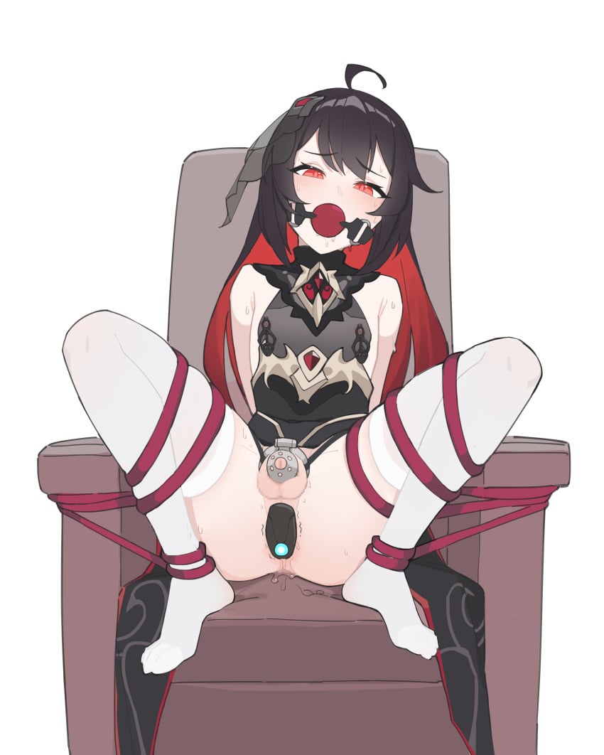 1boy absurdres ahoge anal anal_object_insertion arms_behind_back ball_gag bondage bound chastity_cage chastity_device commission cosplay femboy frogtie full_body gag genderswap_(ftm) girly highres honkai_impact_3rd lan_mao_akko looking_at_viewer lovense lovense_lush male male_only mosaic_censoring object_insertion otoko_no_ko red_eyes red_hair restrained second-party_source seele_(alter_ego) seele_vollerei short_hair solo thighhighs toeless_legwear trap white_thighhighs