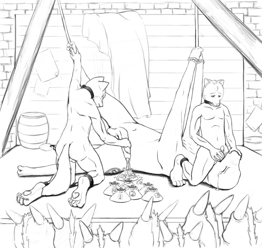 anthro barrel bodily_fluids bottle brick_wall caged canid canine canis collar container crowd cuff_(restraint) domestic_dog dragon ejaculation erection fabric feral force_feeding forced fox genitals group hi_res hybrid imminent_death kneeling kobold leash livestock male_only mammal market nude penile penis penis_milking poster restrained restraints shackles shackles_only sitting_on_another slave tears tears_of_desperation wall_(structure) yaoi