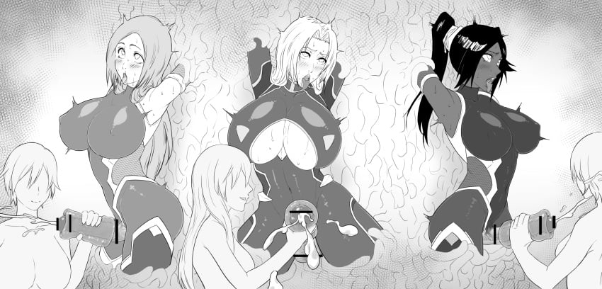 3futas 3girls ahe_gao akiyama_rinko_(cosplay) artificial_vagina big_breasts big_penis bleach blush bodily_fluids bodysuit breasts busty censor_bar censored clothed clothing cum dark-skinned_futanari dark_skin ejaculation erection faceless faceless_female female forced_orgasm futa_focus futanari futasub huge_breasts huge_cock human igawa_asagi_(cosplay) igawa_sakura_(cosplay) inoue_orihime iwao178 large_breasts large_penis light-skinned_futanari light_skin masturbator matsumoto_rangiku monochrome mostly_clothed onahole orgasm penis penis_milking rolling_eyes sex_toy shihouin_yoruichi stuck suspension sweat taimanin_(series) tentacle_pit textless thick_thighs thighs tongue tongue_out voluptuous