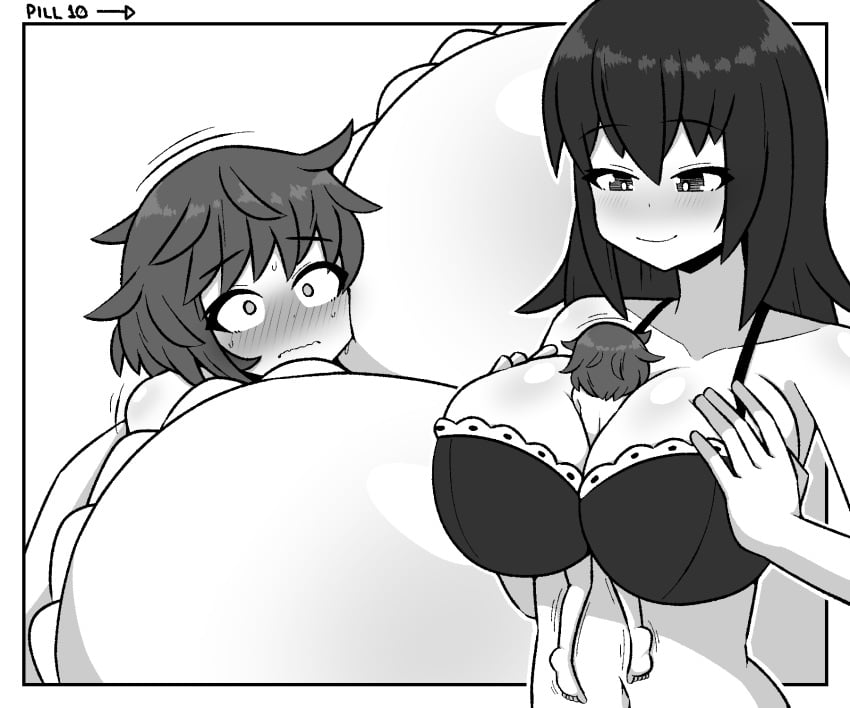 blush body_between_breasts breasts comic comic_page female female_only femdom femsub giantess huge_breasts inksgirls larger_female monochrome multiple_girls page_10 shrinking size_difference