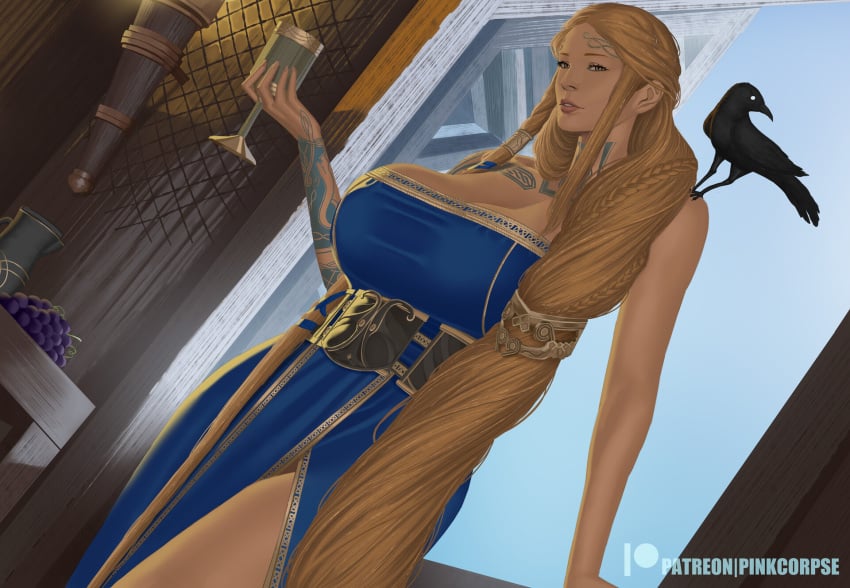 1girls aesir_(norse_mythology) belt big_breasts blonde_female blonde_hair blue_dress blue_eyes braid braided_hair breasts clothed clothed_female female female_only front_view fully_clothed god_of_war god_of_war_ragnarok goddess indoors long_hair looking_at_viewer milf mother mythology norse_mythology patreon_username pinkcorpse santa_monica_studio sif_(god_of_war) solo sony_corporation sony_interactive_entertainment tattoo tattooed_arm tattoos wine wine_glass wine_goblet