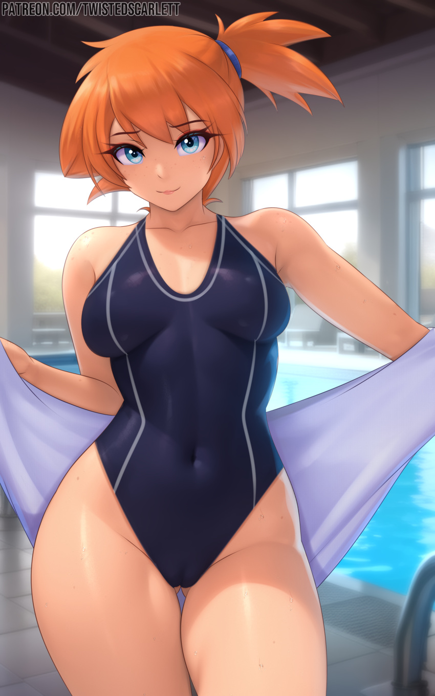 aqua_eyes asymmetrical_hair bangs blurry blurry_background breasts cameltoe clavicle closed_mouth clothing completely_nude contrapposto cowboy_shot day eyelashes female gluteal_fold high_resolution holding holding_towel indoors kasumi_(pokemon) large_filesize looking_at_viewer medium_breasts navel nintendo nude one-piece_swimsuit open_clothes open_towel orange_hair pokemon pokemon_(game) pokemon_rgby ponytail pool presenting pussy_outline side_ponytail smile solo stomach swimsuit thigh_gap thighs tied_hair tile_floor tiles towel twistedscarlett60 uncensored vagina very_high_resolution water web_address wet wide_hips