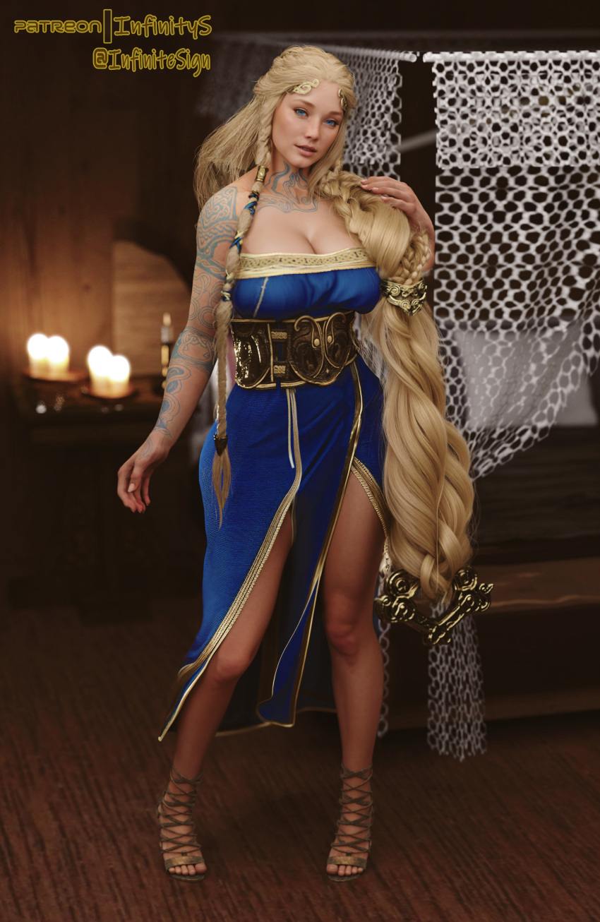 1girls 3d 3d_(artwork) aesir_(norse_mythology) belt blonde_hair blue_dress blue_eyes braid braided_hair breasts clothed clothed_female female female_focus front_view god_of_war god_of_war_ragnarok goddess hand_on_hair hips hourglass_figure indoors infinitys long_hair looking_at_viewer milf mother mythology norse_mythology patreon_username sandals santa_monica_studio sif_(god_of_war) solo sony_corporation sony_interactive_entertainment tattoo tattooed_arm tattoos thick_thighs thighs thin_waist twitter_username waist wide_hips