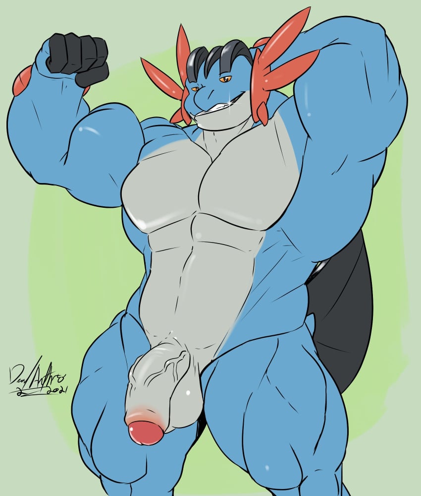 1boy 2023 abs anthro balls barazoku biceps big_muscles blue_body deadanthro digital_media_(artwork) flexing generation_3_pokemon genitals glistening glistening_teeth hand_behind_head hi_res humanoid_genitalia humanoid_penis looking_at_viewer male male_only mega_evolution mega_swampert muscular muscular_anthro muscular_male muscular_thighs nintendo nude pecs penis pinup pokemon pokemon_(species) portrait pose sam_the_swampert simple_background solo swampert teeth thick_thighs three-quarter_portrait vein veiny_penis