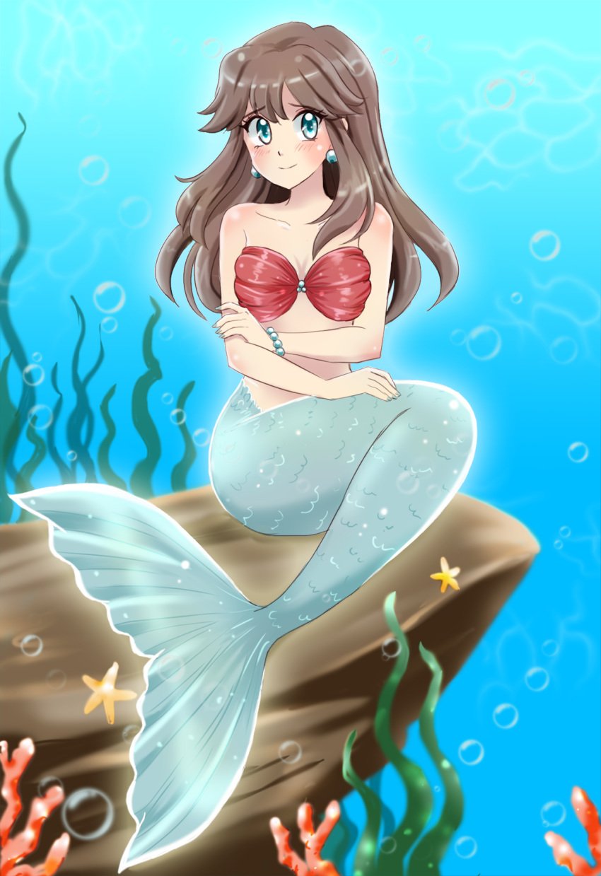 1girls 2020s 2021 bare_arms bare_midriff bare_shoulders belly_button bikini bikini_top blue_earrings blue_eyes bracelet brown_hair bubbles commission earrings female female_focus female_only glowing_tail green_(pokemon) green_tail grey_tail leaf_(pokemon) long_hair looking_at_viewer mermaid mermaid_tail midriff navel pearl_bracelet png pokemon pokemon_adventures red_bikini red_bikini_top seashell seashell_bikini seashell_bikini_top seashell_bra silver_tail solo tail underwater water