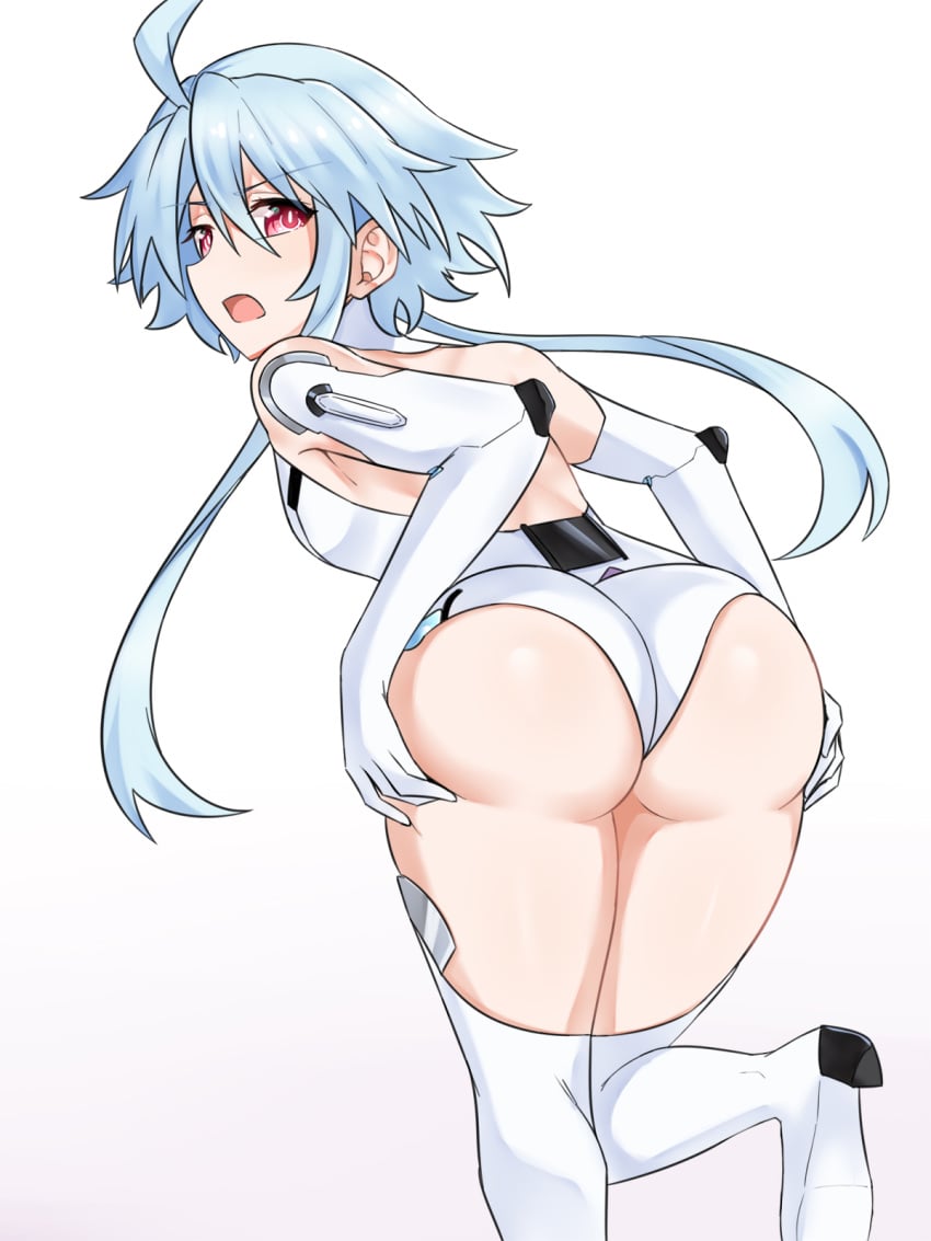 1girls ass ass_focus bare_back blanc blue_hair clothed compile_heart cpu_(neptunia) elbow_gloves female_only from_behind goddess grabbing_own_ass idea_factory light-skinned_female looking_at_viewer looking_back neptunia_(series) open_mouth power_symbol-shaped_pupils red_eyes short_hair short_hair_with_long_locks solo thick_ass thighhighs thighs white_heart zatsu