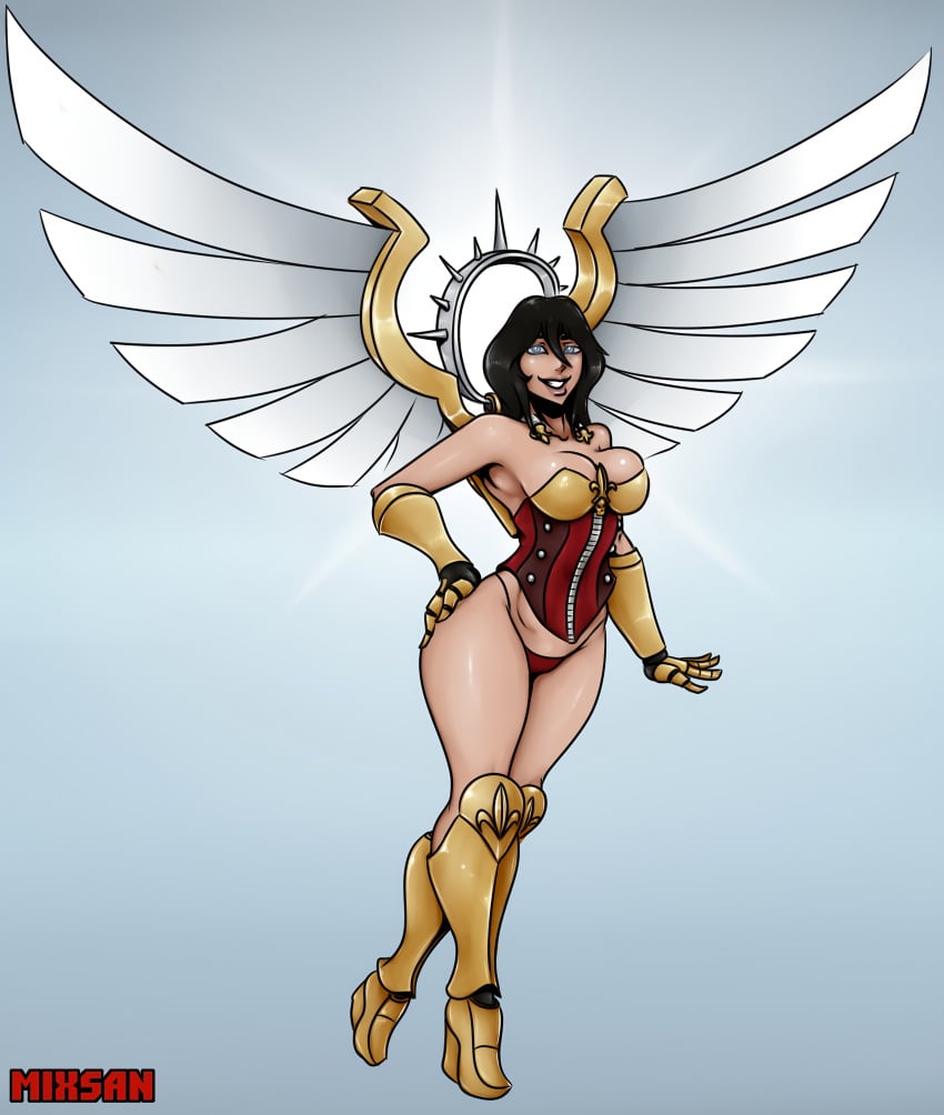 1girls adepta_sororitas angel_wings angelic armor armored_boots armored_gloves armpit artist_name big_breasts black_hair boots cleavage female female_focus female_only gauntlets glowing_eyes hair high_heels hourglass_figure human imperium_of_man knee_boots large_breasts living_saint looking_at_viewer panties pinup red_panties revealing_clothes romman08 saint_celestine short_hair simple_background sister_of_battle skindentation smile smiling smiling_at_viewer thick_thighs unconvincing_armor upscaled warhammer_(franchise) warhammer_40k wings