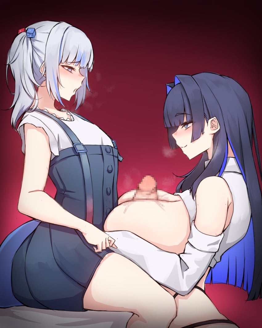 1futa 1girls age_difference areolae bed big_breasts big_penis black_hair blush bottomless breasts censored clothed clothing duo erection female female_on_futa flat_chest futa_on_female futanari futasub gawr_gura gawr_gura_(casual) glans highres hololive hololive_english hololive_english_-council- huge_breasts huge_cock human larger_female light-skinned_female light-skinned_futanari light_skin mosaic_censoring mostly_clothed mostly_nude multicolored_hair older_female ouro_kronii overall_skirt overalls paizuri partially_clothed_female penis rikuguma simple_background sitting size_difference small_breasts smaller_futanari virtual_youtuber