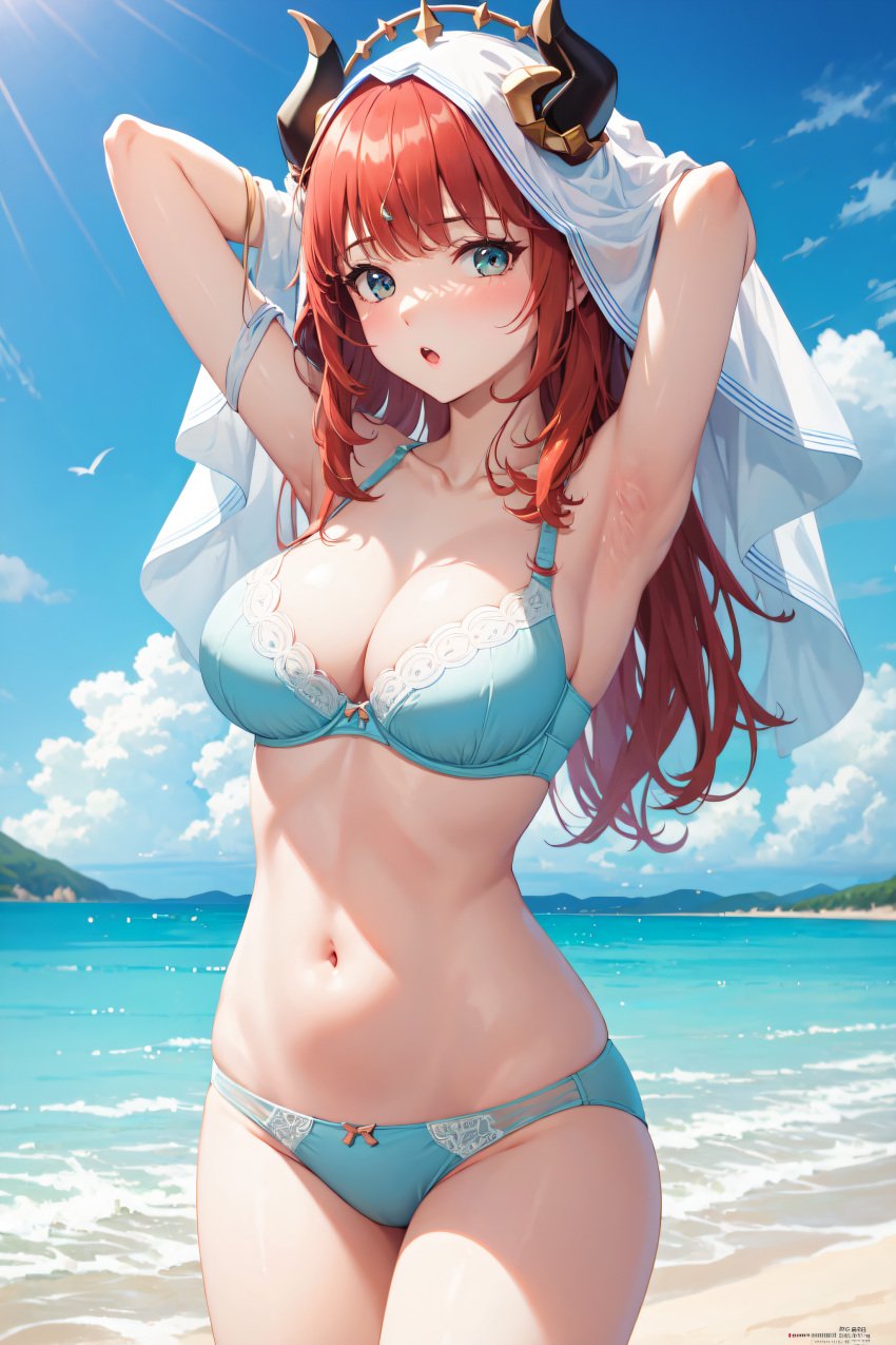 1girls :o ai_generated aqua_eyes arm_up armpits blue_bra bra breasts cleavage collarbone cowboy_shot fake_horns female female_only genshin_impact groin horns large_breasts long_hair looking_at_viewer navel nilou_(genshin_impact) parted_lips red_hair setsuaiart solo standing stomach thighs underwear underwear_only veil very_long_hair