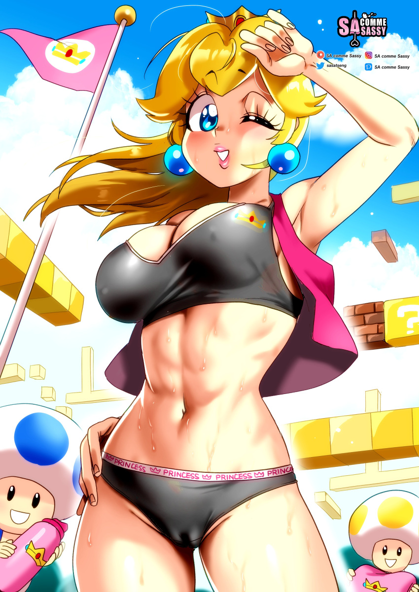 1girls 2boys absurd_res after_workout blonde_hair blue_eyes blush cameltoe crown detailed_background earrings female female_focus long_hair looking_at_viewer male mario_(series) midriff multiple_boys navel nintendo nipple_bulge one_eye_closed outdoors panties pink_lipstick princess_peach sasatseng smiling smiling_at_viewer sportswear standing super_mario_bros. sweat teeth_showing toad_(mario) topwear