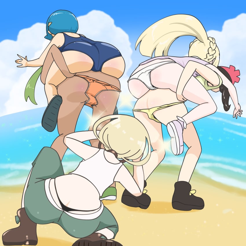 5girls ass female female_only gym_leader huge_ass human human_only lana_(pokemon) lillie_(pokemon) mallow_(pokemon) microsd_(artist) panties pokemon pokemon_sm pokemon_xy selene_(pokemon) swimsuit viola_(pokemon)