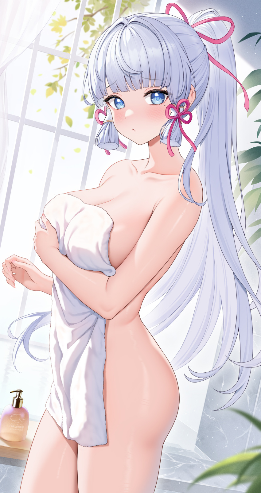 1girls aqua_hair ass bare_shoulders bath_towel big_breasts blue_eyes blush breasts chest cleavage collarbone covering covering_breasts dutch_angle embarrassed eyelashes female female_only fukuro_ko_(greentea) genshin_impact hair_ribbon highres hips kamisato_ayaka light-skinned_female long_hair looking_at_viewer mole mole_under_eye ponytail pouting shiny_skin shy soap_dispenser solo standing tied_hair towel very_long_hair waist white_hair