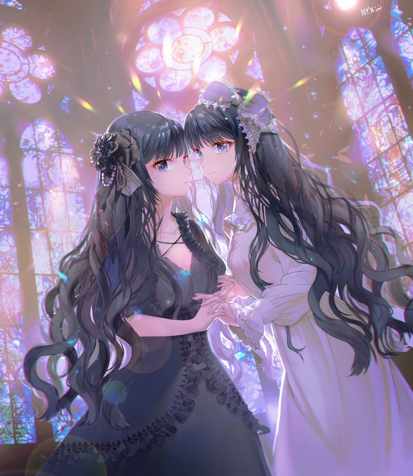 2girls black_dress black_hair blue_eyes breasts bride church dress female female_only hair_ornament holding_hands incest long_hair looking_at_viewer medium_breasts nyx original ring siblings sisters stained_glass_window twincest twins wedding_dress white_dress wife_and_wife