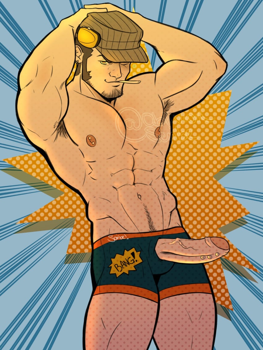 armpit_hair balls boner erection facial_hair hat iwai_munehisa male male_only muscles muscular nipple_piercing oblivionscribe penis penis_out penis_piercing persona_5 shirtless solo solo_male underwear underwear_only yaoi