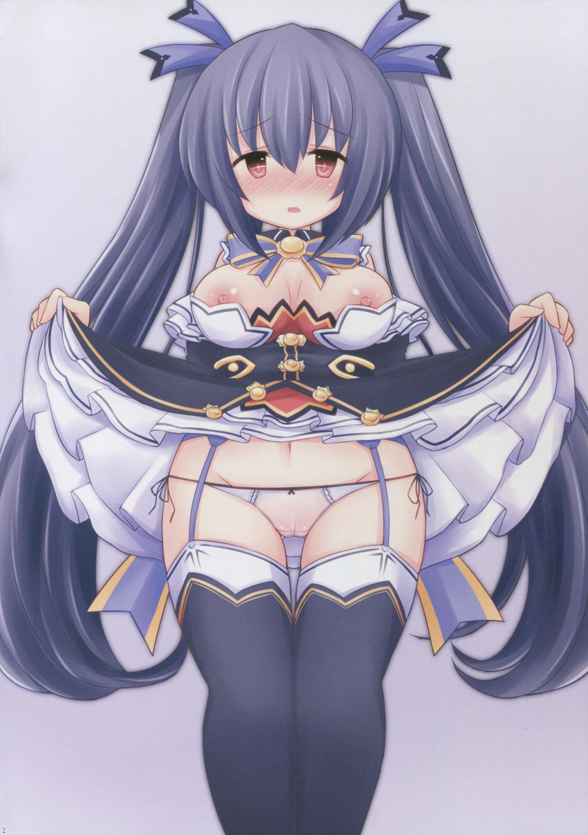 1girls black_hair blush breasts clothed compile_heart female_only front_view hair_ribbon idea_factory lifted_by_self lifting_skirt looking_at_viewer midriff_peek neptunia_(series) nipples noire open_mouth panties presenting pussy red_eyes ribbon sekiri solo thighhighs twintails wet_panties