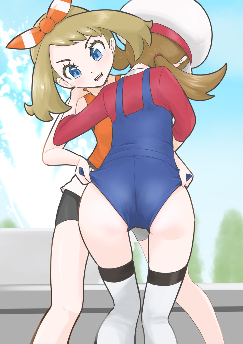 2girls ass duo female female_only huge_ass human human_only lyra_(pokemon) may_(pokemon) may_(pokemon_oras) microsd_(artist) nintendo overalls pokemon pokemon_gsc pokemon_oras yuri