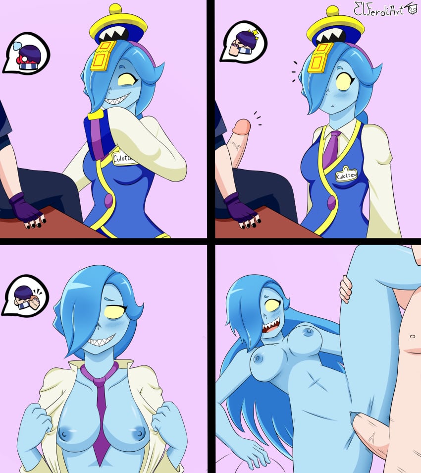 1boy 1girls big_breasts big_penis blue_hair brawl_stars colette_(brawl_stars) edgar_(brawl_stars) elferdiart inspector_colette nipples sex vaginal_penetration yellow_eyes