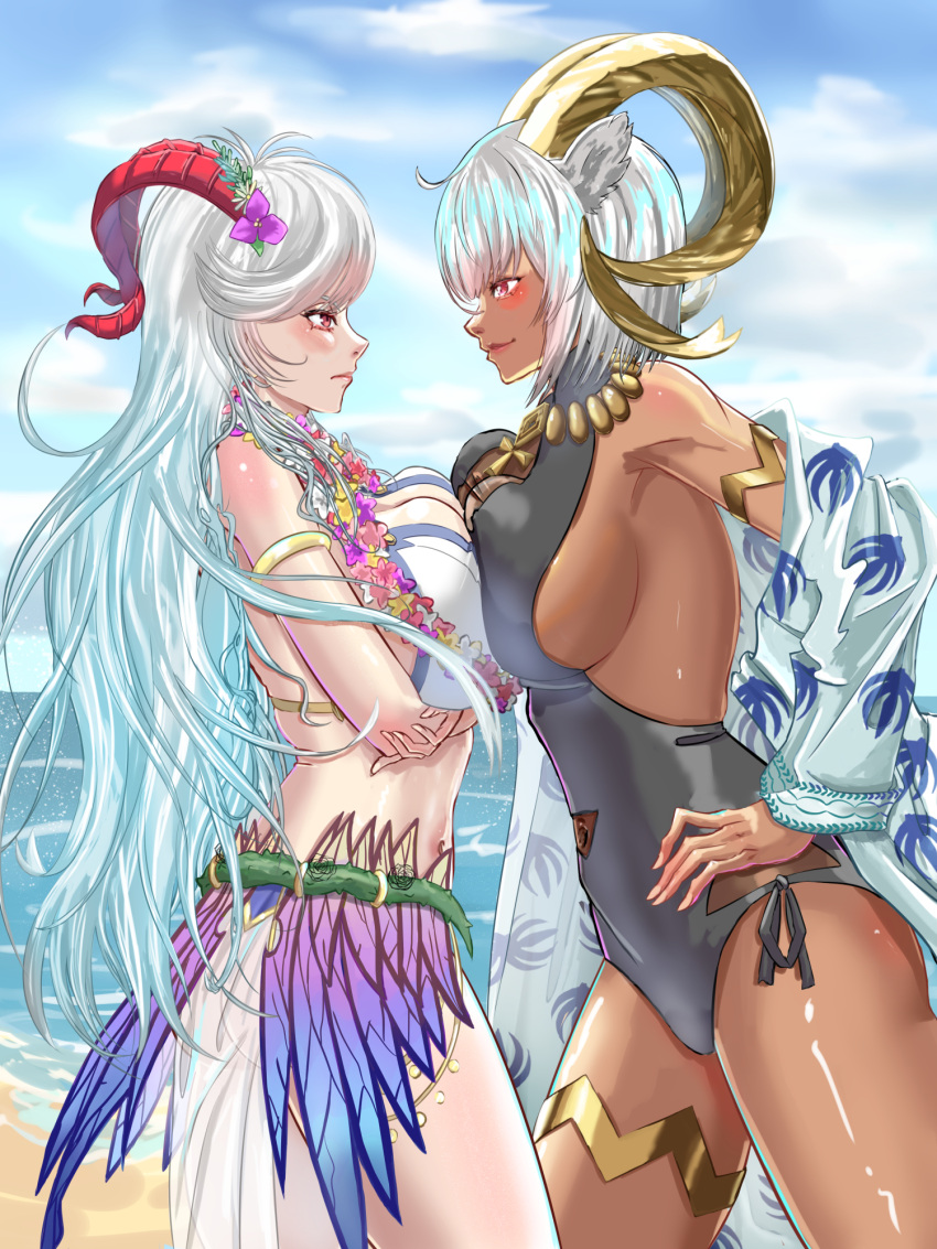 2girls alboeire alternate_costume animal_ears ankh arknights armlet arms_under_breasts bare_shoulders beach bikini black_one-piece_swimsuit black_swimsuit blue_hair blue_sky blush breast_press breasts carnelian_(arknights) carnelian_(shining_dew)_(arknights) cleavage cloud cowboy_shot crossover curled_horns dark-skinned_female dark_skin day female female_only fire_emblem fire_emblem_heroes flower flower_necklace freyja_(fire_emblem) freyja_(summer)_(fire_emblem) goat_ears goat_girl goat_horns gold_horns grey_hair hair_flower hair_ornament hands_on_own_hips highres horizon horns jewelry large_breasts long_hair looking_at_another mature_female multicolored_hair multiple_girls navel necklace nintendo ocean official_alternate_costume one-piece_swimsuit outdoors red_eyes red_horns sand short_hair sky smile stare_down swimsuit symmetrical_docking trait_connection water white_bikini white_hair white_swimsuit