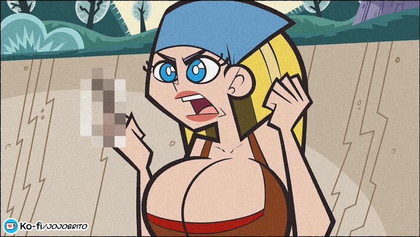 2023 artist_name bandana blonde_hair blue_eyes canonical_scene cartoon_network censored censored_flipping_off cleavage flipping_off huge_breasts jojobrito lindsay_(tdi) lipstick long_blonde_hair long_hair mosaic_censoring tank_top total_drama_island