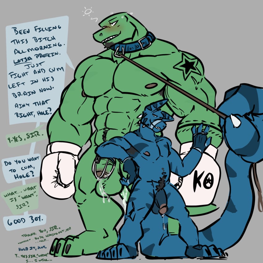 balls biceps big_penis boxing cage clawtail clothing collar darck darckarts darckhumor dominant dumb flexing genitals gloves growth handwear hi_res himbo invalid_tag knockoutlizard leash lizard muscular nsfw pecs penis reptile scalie size_difference small_on_top sport thick