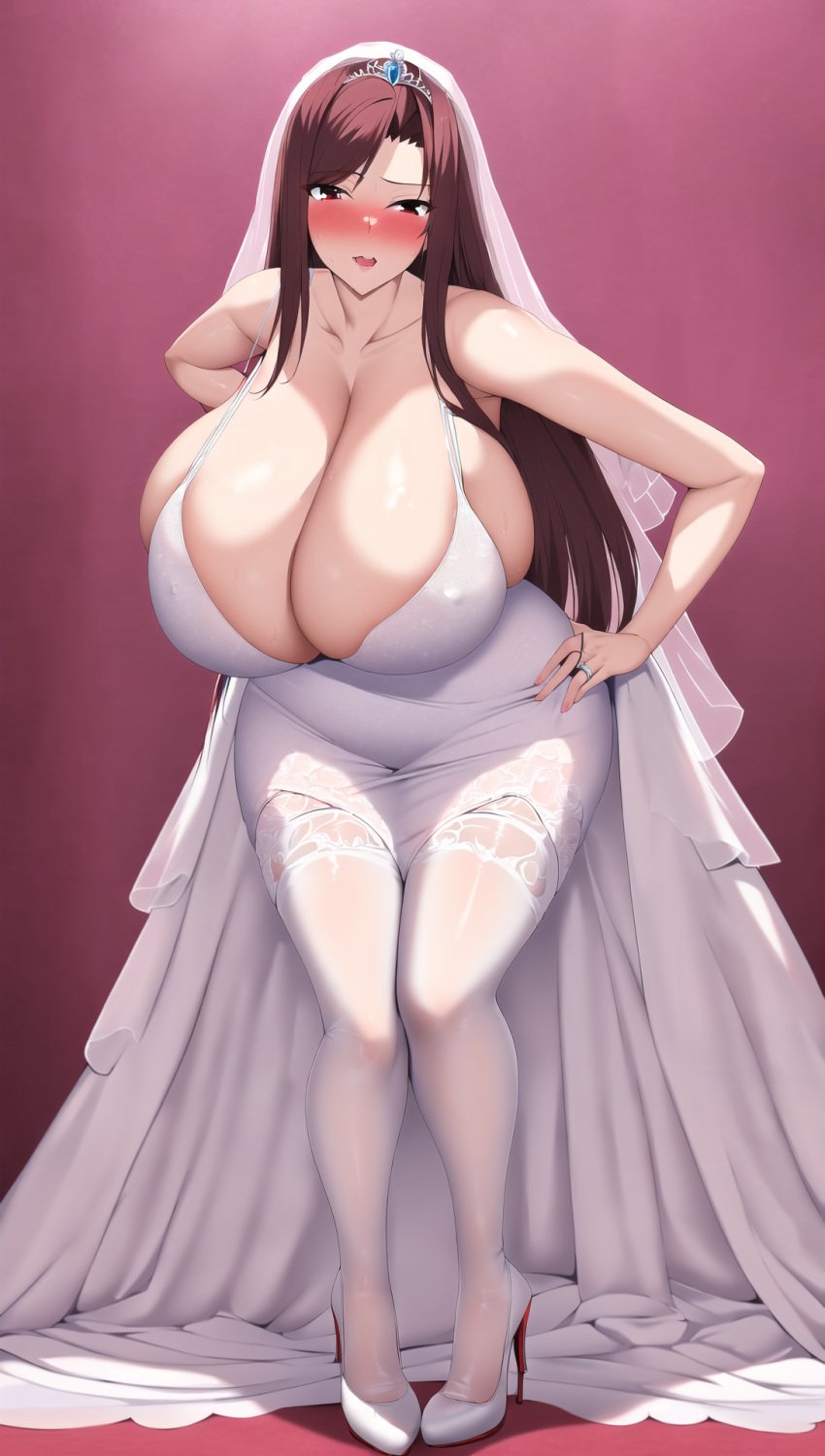 ai_generated aroused blush bride erza_scarlet fairy_tail high_heel_boots high_heels huge_breasts large_breasts matalica novelai pinup red_eyes red_hair wedding_dress wedding_ring wedding_veil