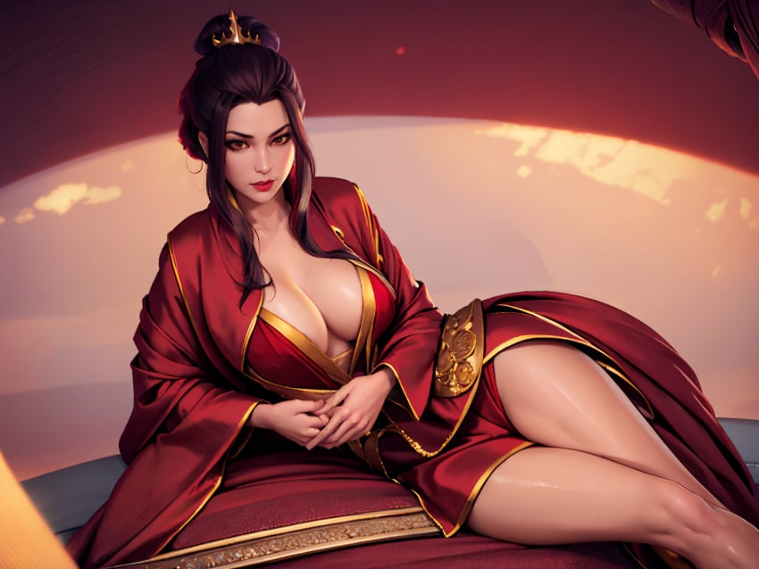 1girls ai_generated avatar_the_last_airbender azula bed bedroom black_hair breasts cleavage clothing dark_hair female female_focus female_only fire_nation large_breasts legs_together looking_at_viewer nightgown ponytail relaxing resting robe royalty satin_dress shiny_skin sidelocks simple_background smile smiling solo solo_female solo_focus stable_diffusion teasing thighs thighs_together