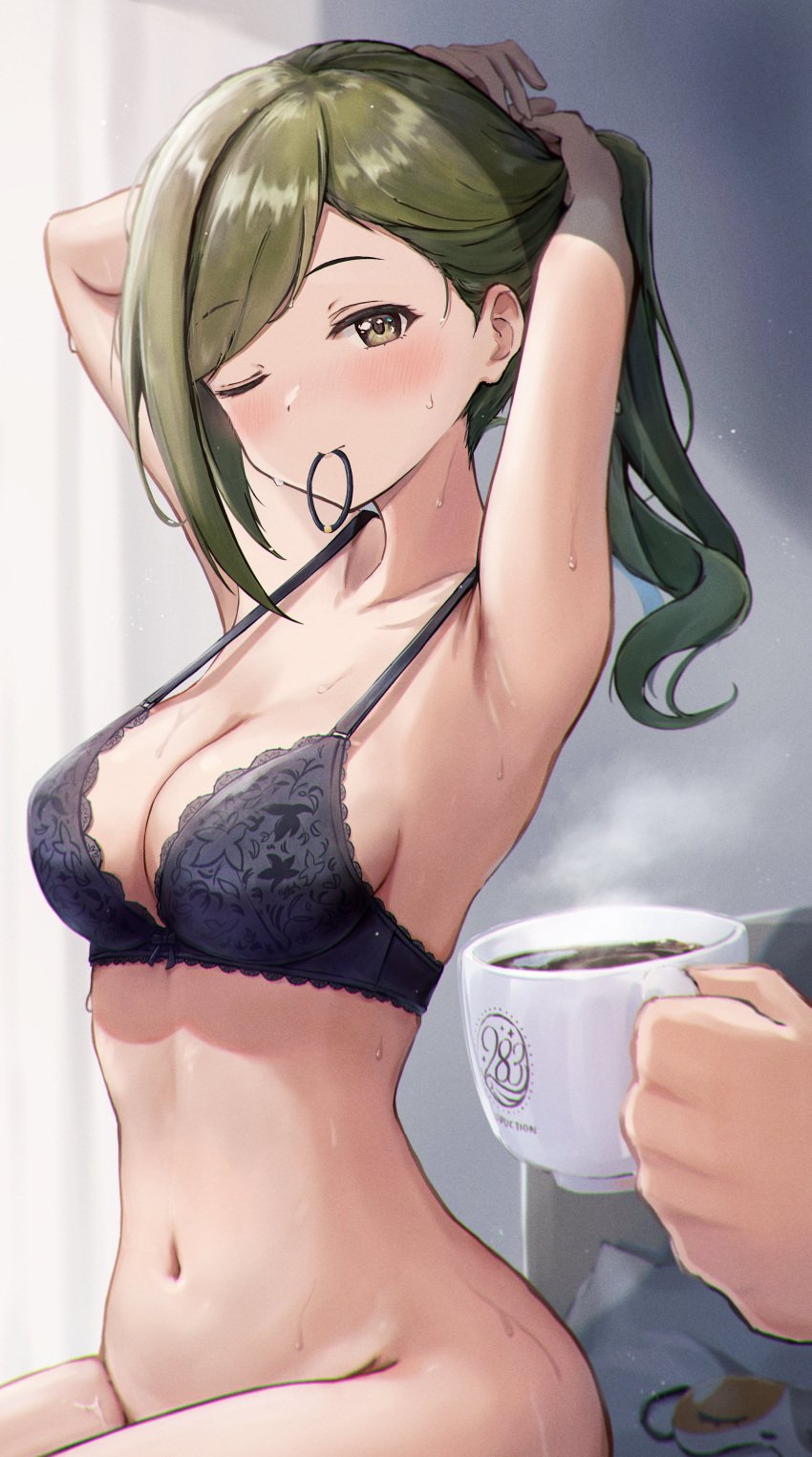 armpits arms_behind_back arms_up big_breasts blush bottomless coffee coffee_mug cute gradient_eyes green_hair hairtie_in_mouth idolmaster idolmaster_shiny_colors lingerie masuku_(saint_mask) nanakusa_hazuki navel one_eye_closed ponytail pov pov_hands sweaty thick_thighs tying_hair wide_hips