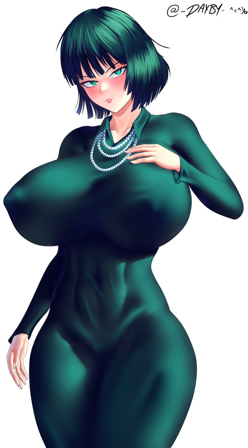 1girls alternate_background alternate_version_available background big_breasts breasts dayby dress female female_only fubuki_(one-punch_man) green_dress green_eyes green_hair hand_on_breast hips huge_breasts large_breasts light-skinned_female light_skin lips necklace neckwear nipple_bulge no_background one-punch_man short_hair smile solo white_background