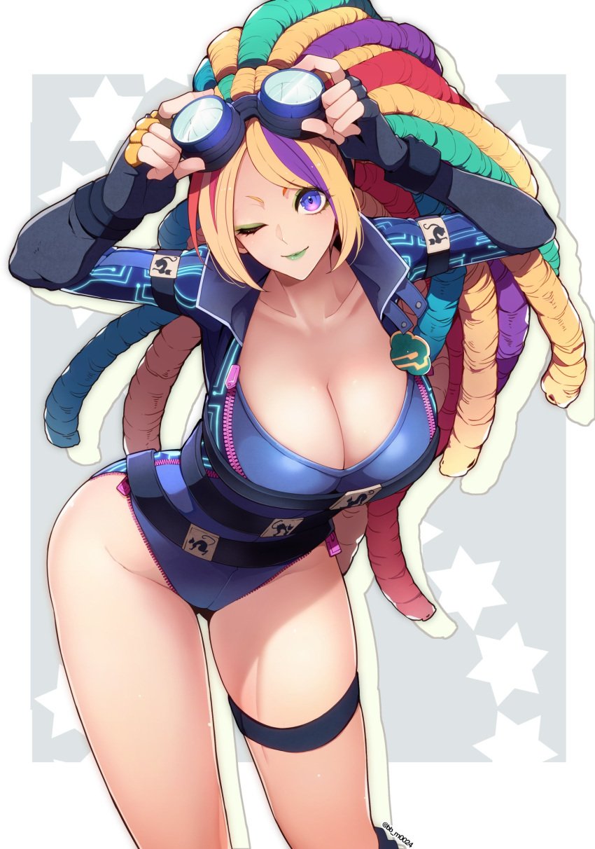 1girls bb_m0024 blonde_hair fingers gloves goggles_on_head jacket large_breasts leslie_(grandmiral) lipstick long_hair multicolored_hair one_eye_closed purple_eyes