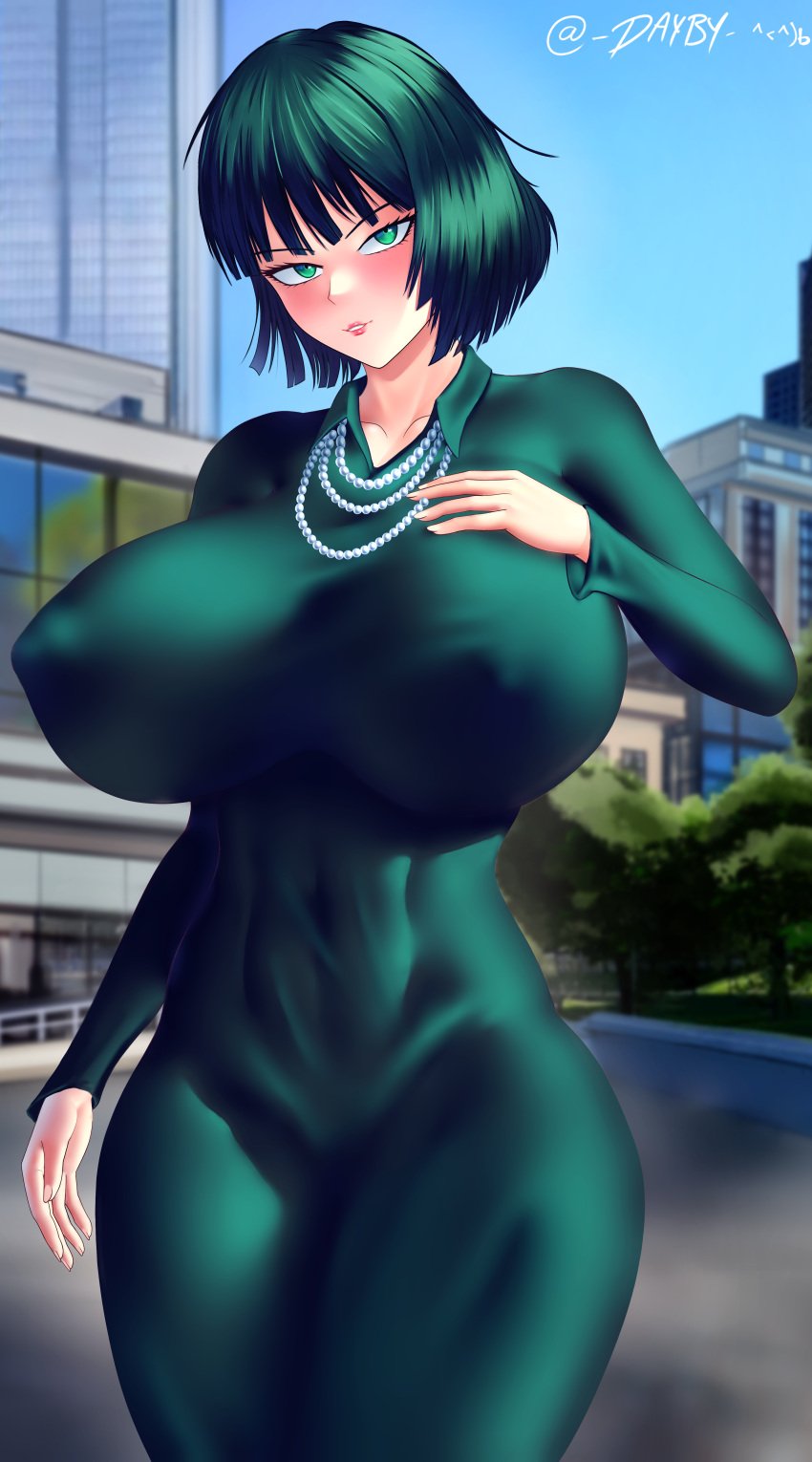 1girls alternate_version_available background big_breasts breasts dayby dress female female_only fubuki_(one-punch_man) green_dress green_eyes green_hair hand_on_breast hips huge_breasts large_breasts light-skinned_female light_skin lips necklace neckwear nipple_bulge one-punch_man short_hair smile solo