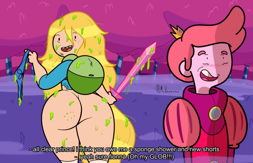 adventure_time ass backpack bag bite_mark cartoon_network casual clothed clothing exposed_ass female fionna_the_human_girl green_blood headwear horny human long_hair long_hair_female looking_back mr_valentine00 no_hat no_pants open_mouth pale_skin prince_gumball shorts smile text thick_ass thick_legs thick_thighs weapon