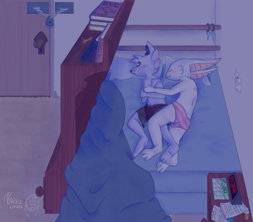 absurd_res alarm_clock anthro bed bedroom black_nose book bookshelf bottomwear bulge calendar canid canine canis clock closed_eyes clothed clothing cuddling digital_media_(artwork) dresser duo embrace fur furniture hi_res hoodie hug inner_ear_fluff jackal key lock lying male male/male mammal night no_pupils on_bed on_side panties panties_bulge paper pattern_clothing pill_bottle pillow shorts smile striped_clothing stripes text topwear tuft underwear yumunarri